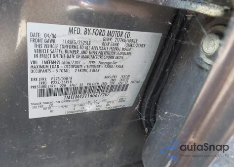 2006 Mercury Montego Premier z USA, uszkodzony, nr VIN 1MEFM42116G617207